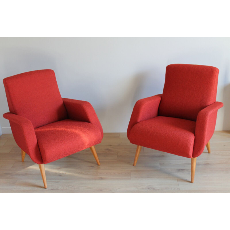 Pair of vintage foam and fabric armchairs, 1950