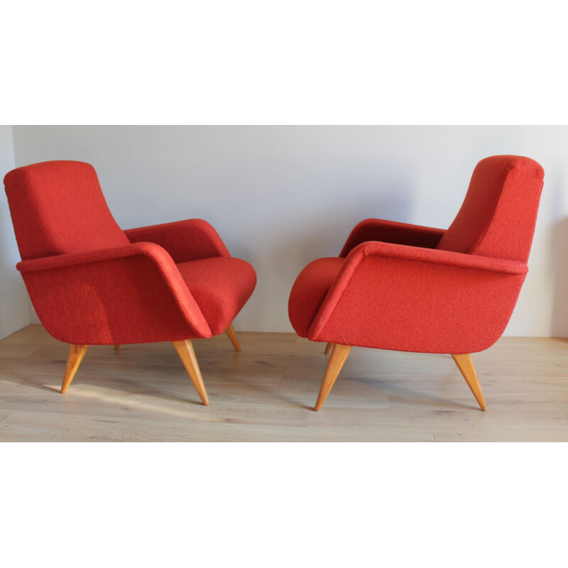 Pair of vintage foam and fabric armchairs, 1950