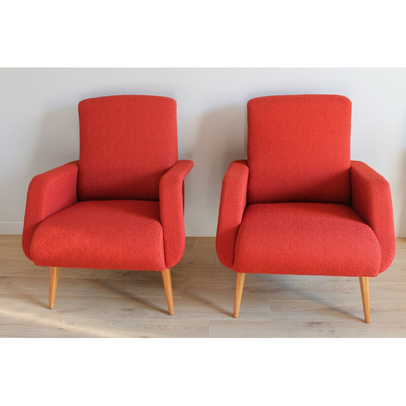 Pair of vintage foam and fabric armchairs, 1950