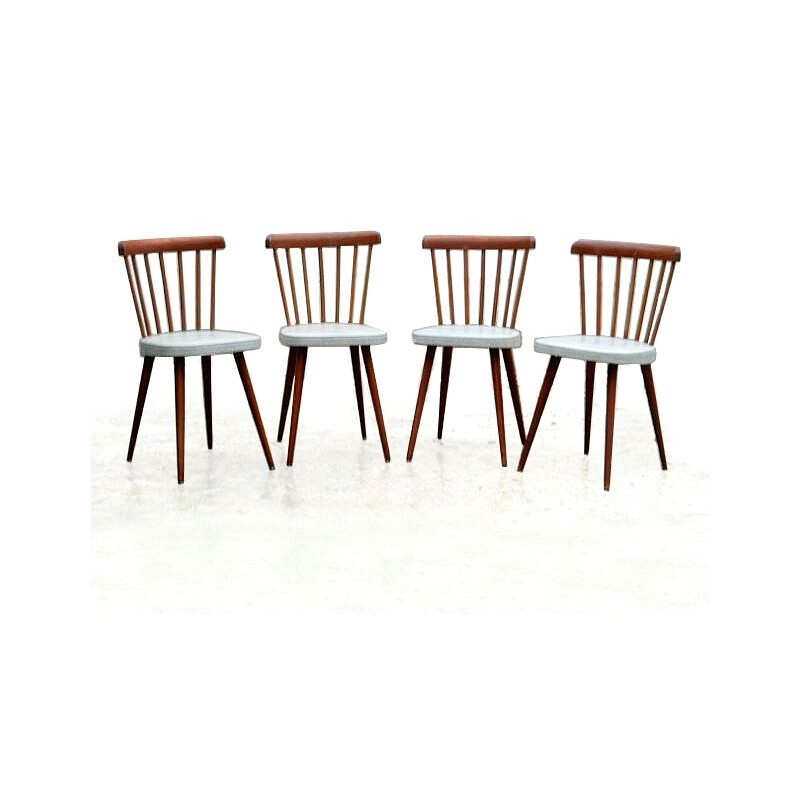Set of 4 vintage wood and light coloured skai chairs, 1960