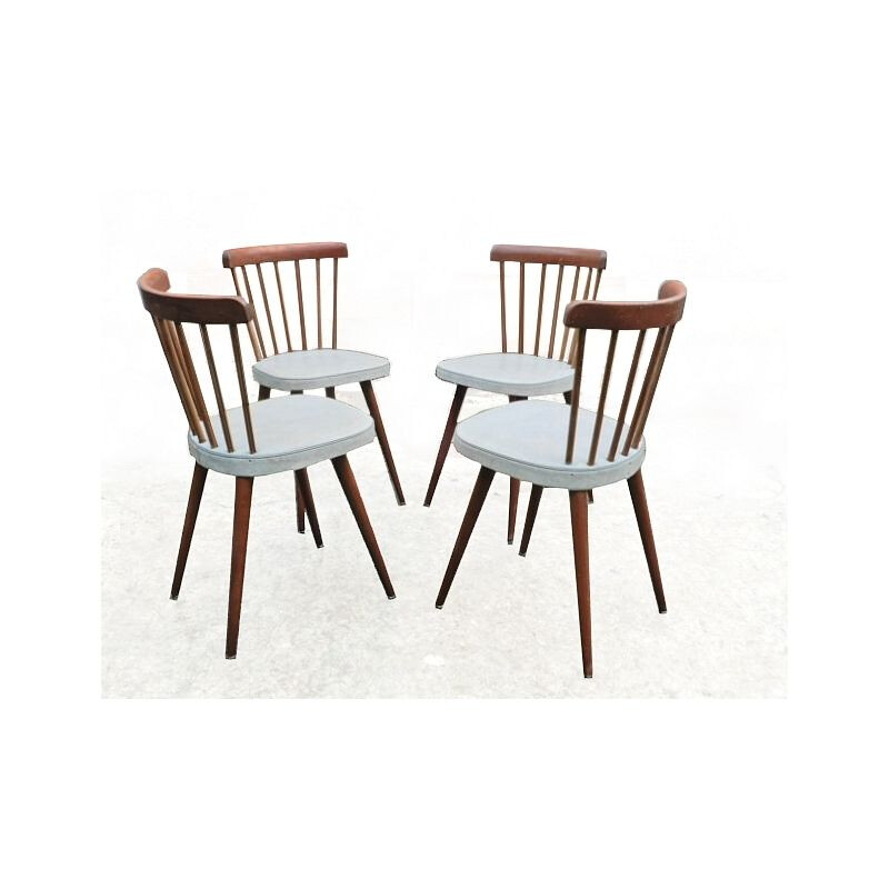 Ensemble de 4 chaises vintage en bois et skaï clairs, 1960