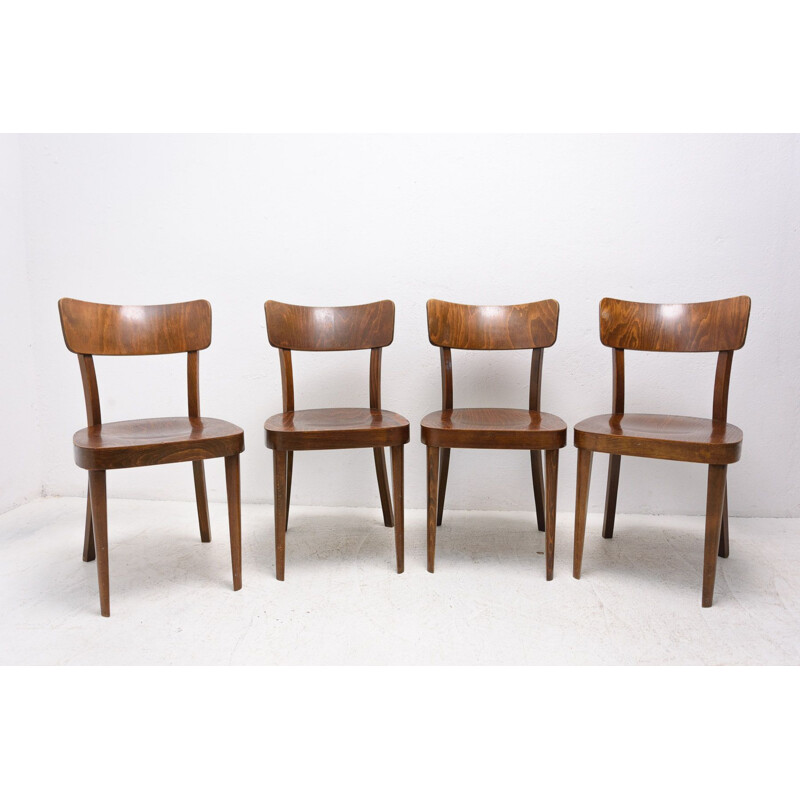 Set van 4 vintage Ton stoelen in walnoot, Tsjechoslowakije 1950