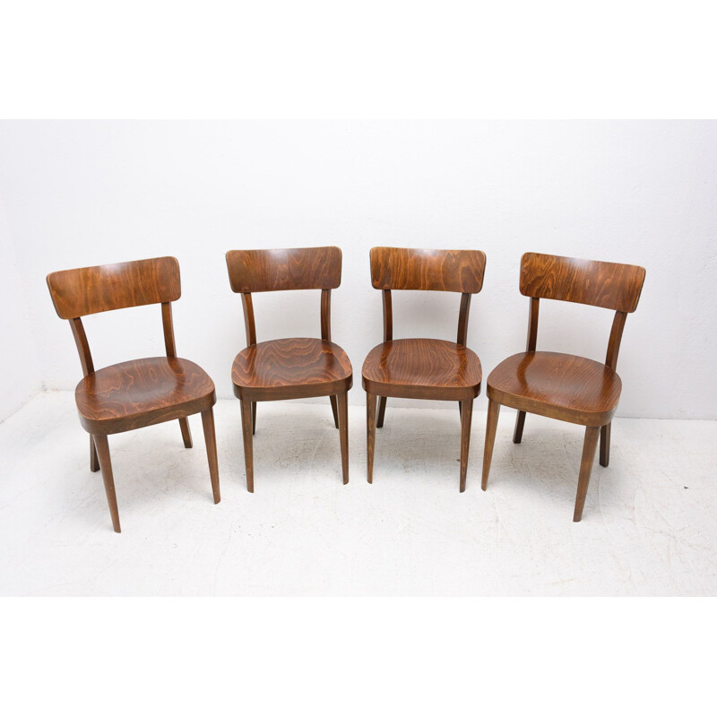 Set of 4 vintage Ton walnut dining chairs, Czechoslovakia 1950s