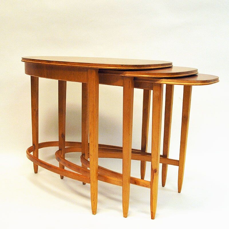 Swedish birch vintage nesting tables by Bodafors, 1940s