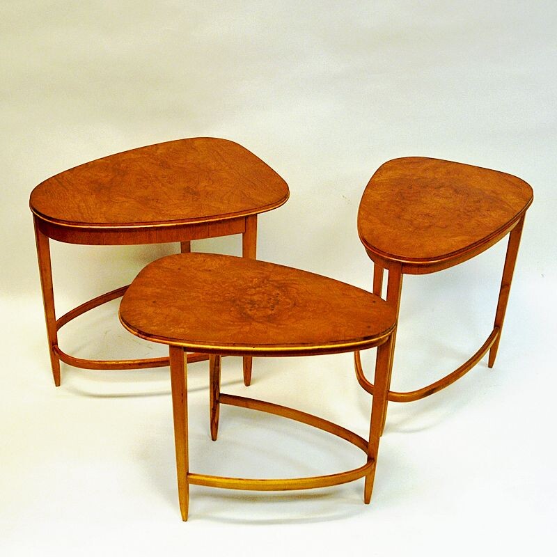 Swedish birch vintage nesting tables by Bodafors, 1940s