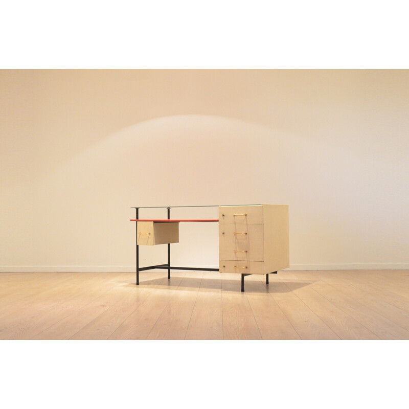 French mid-century desk in solid wood and glass - 1950s