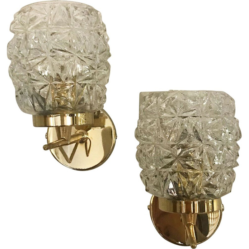 Pair of vintage glass and brass wall lamps