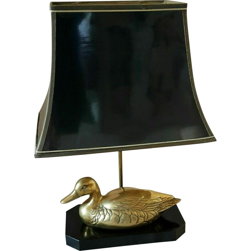 Vintage lamp with brass duck on lacquered wood base, 1970