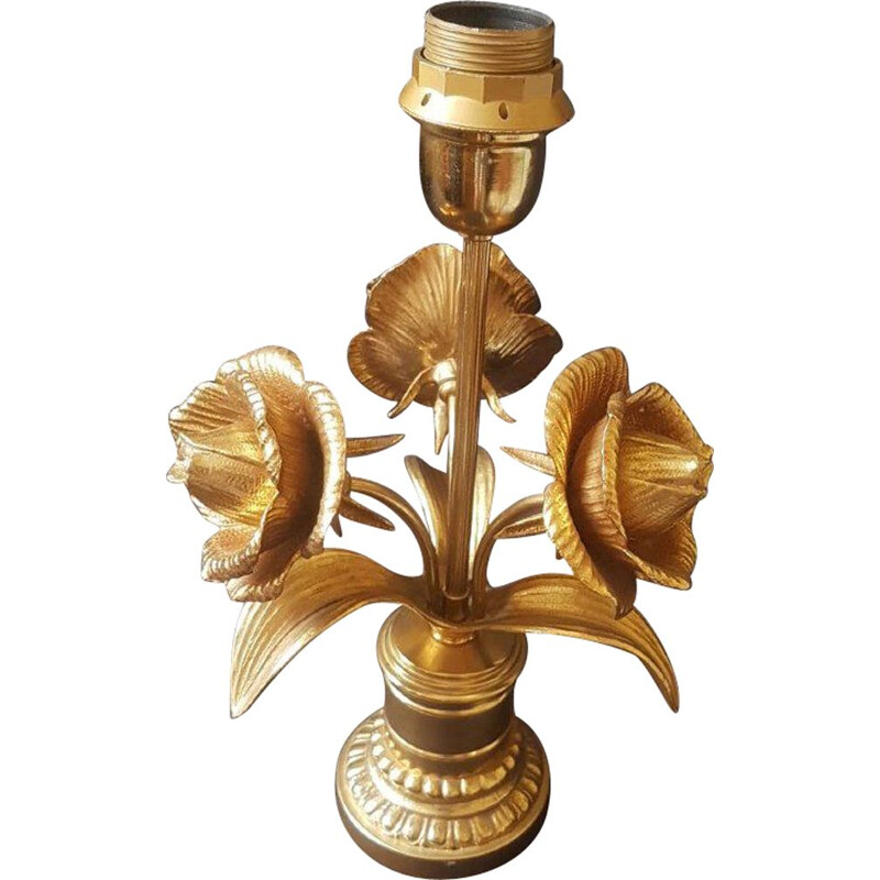 Vintage brass lamp base with rose decoration, 1960