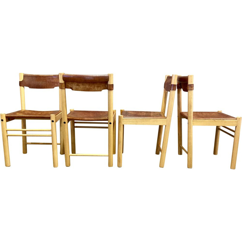 Set of 4 vintage leather and beechwood chairs by Sede for Ibisco, 1960