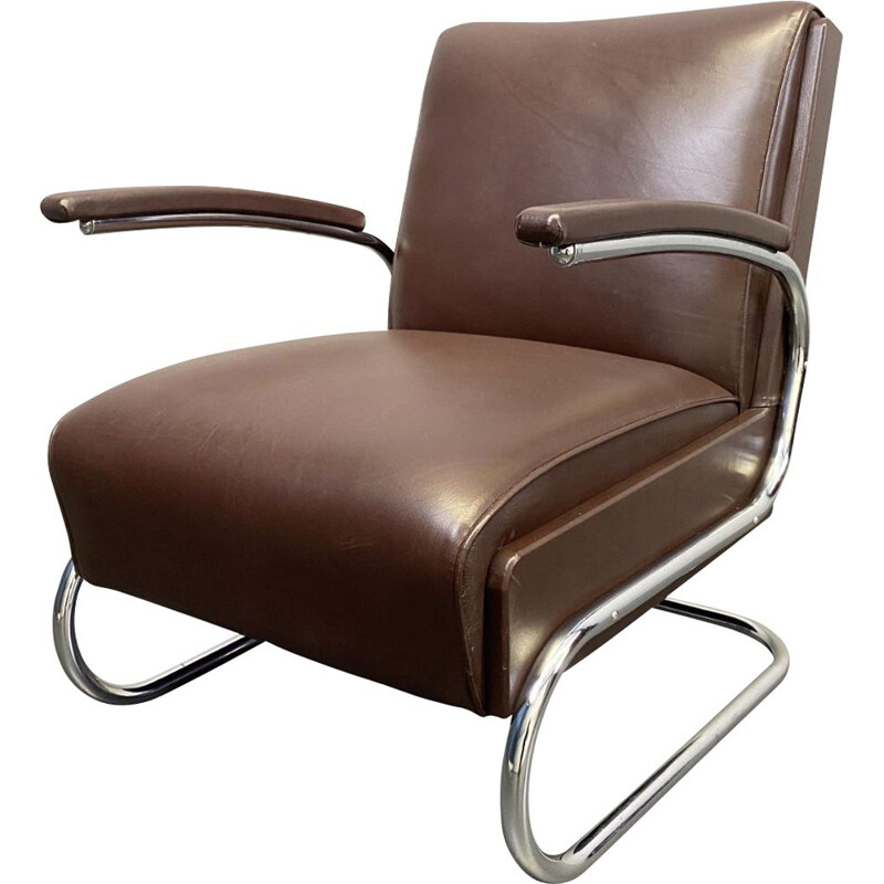 Vintage armchair cantilever tubular steel and brown leather by Mücke Melder, 1930s