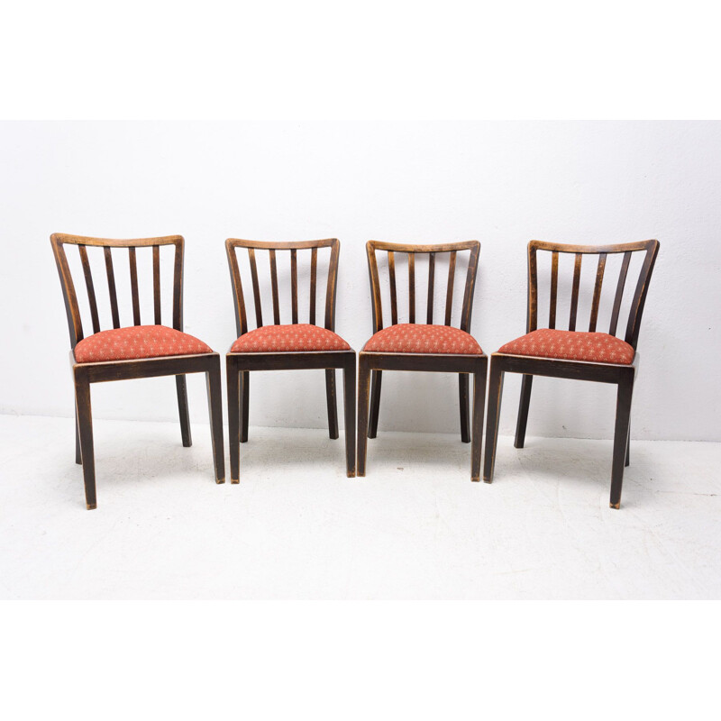 Ensemble de 4 chaises vintage en bois de hêtre et en tissu rembourrées, Tchécoslovaquie 1960
