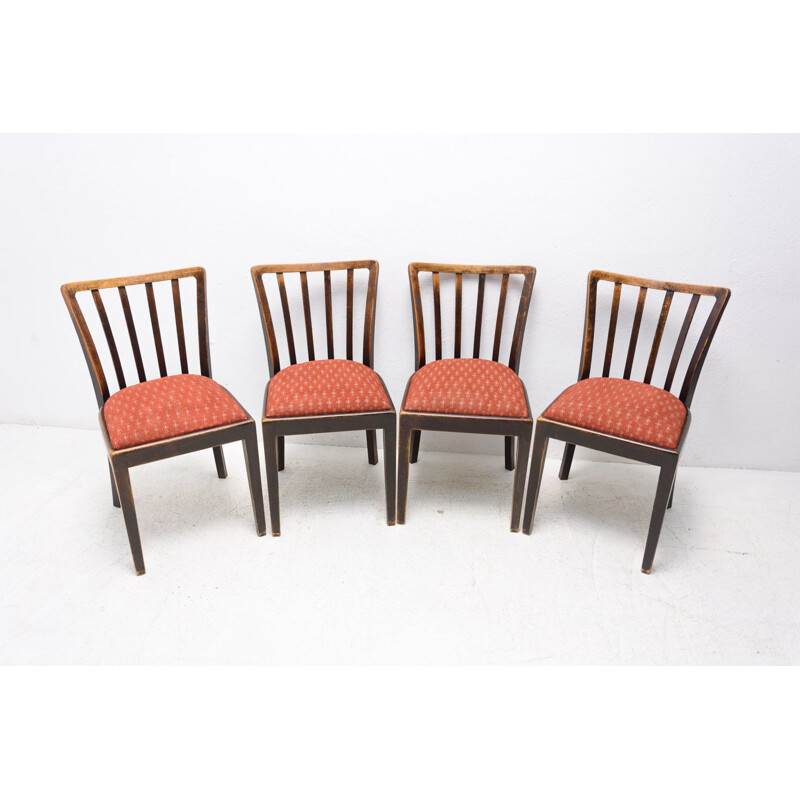 Conjunto de 4 cadeiras de madeira de faia e tecido estofado, Checoslováquia 1960