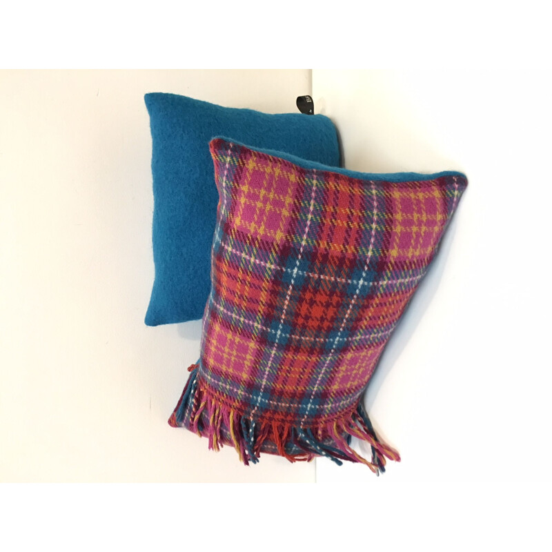 Pair of vintage tartan cushions fushia and blue