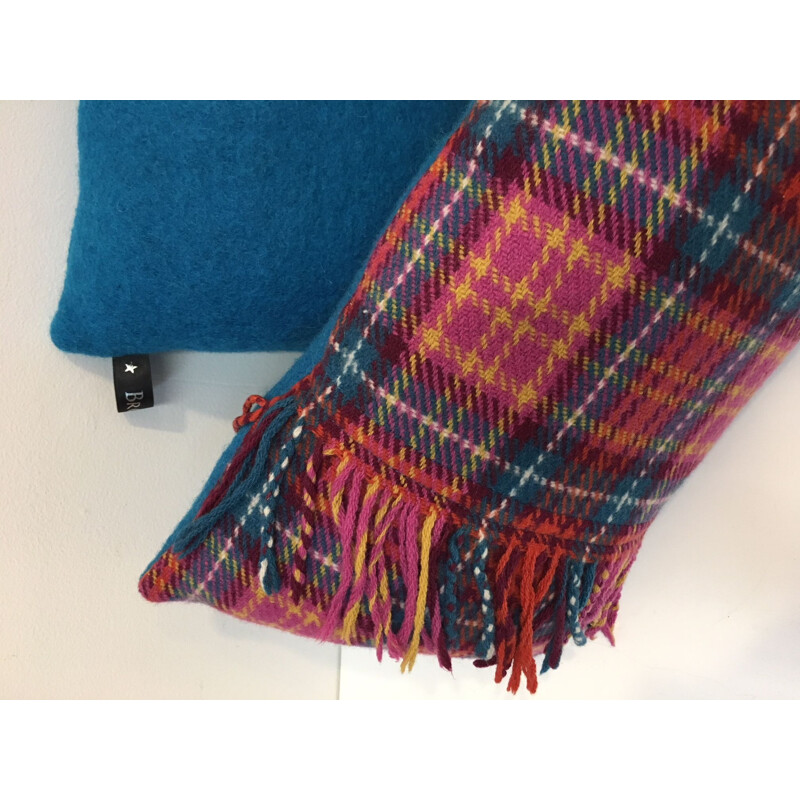 Pair of vintage tartan cushions fushia and blue