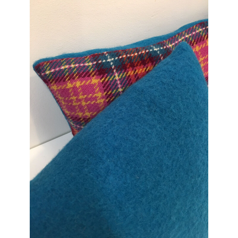 Pair of vintage tartan cushions fushia and blue