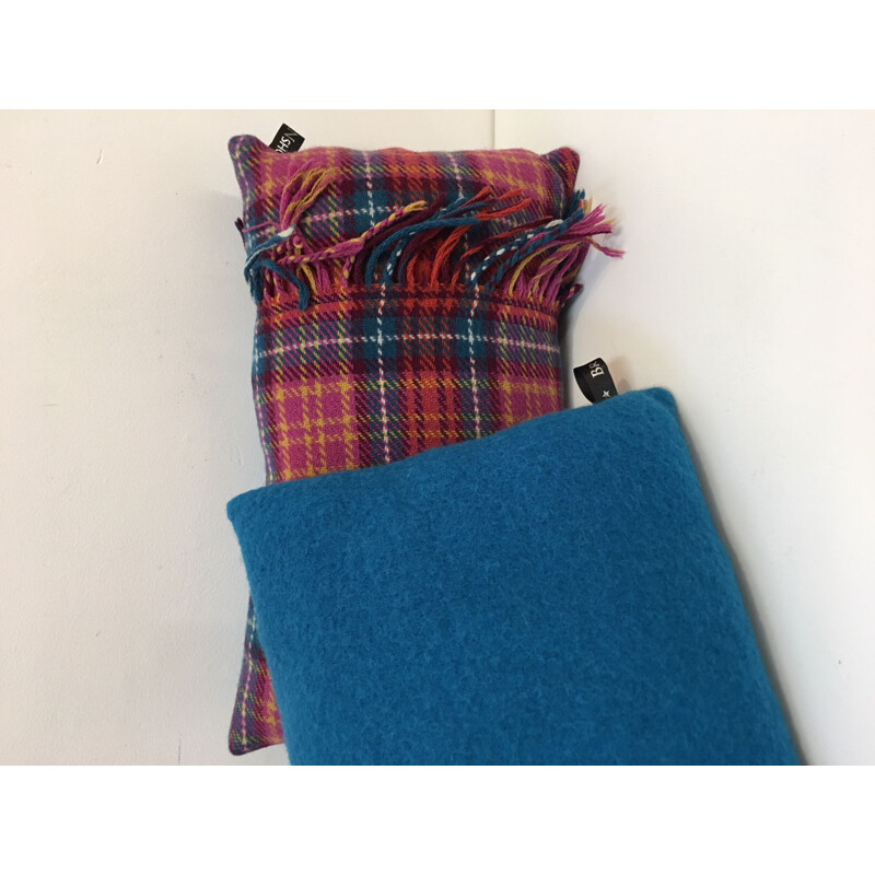 Pair of vintage tartan cushions fushia and blue