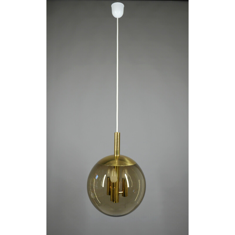 Vintage brass pendant lamp with smoked glass ball by Doria Leuchten, Germany 1960