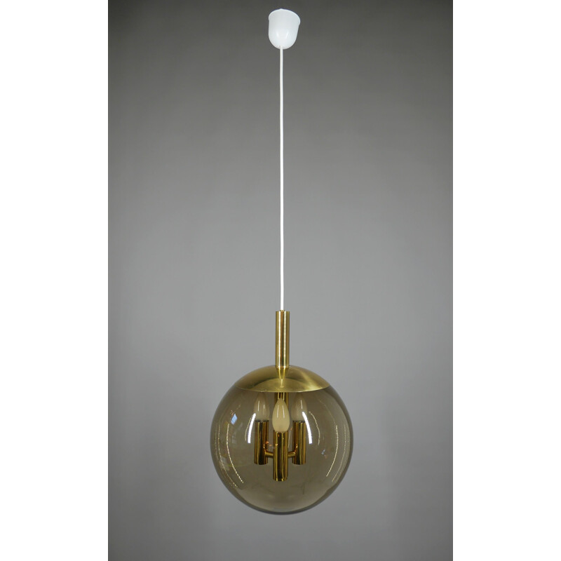 Suspension vintage en laiton avec boule en verre fumé par Doria Leuchten, Allemagne 1960