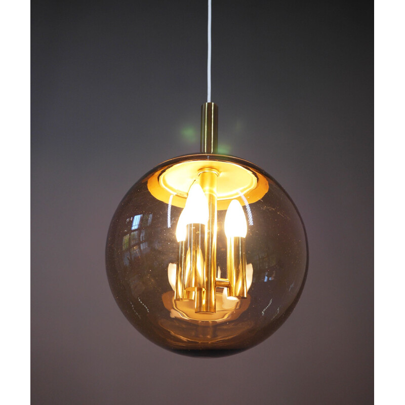 Vintage brass pendant lamp with smoked glass ball by Doria Leuchten, Germany 1960