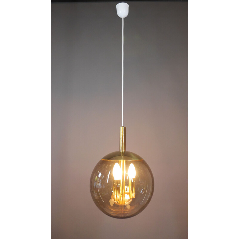 Vintage brass pendant lamp with smoked glass ball by Doria Leuchten, Germany 1960