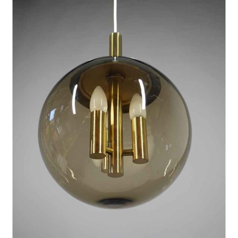 Vintage brass pendant lamp with smoked glass ball by Doria Leuchten, Germany 1960