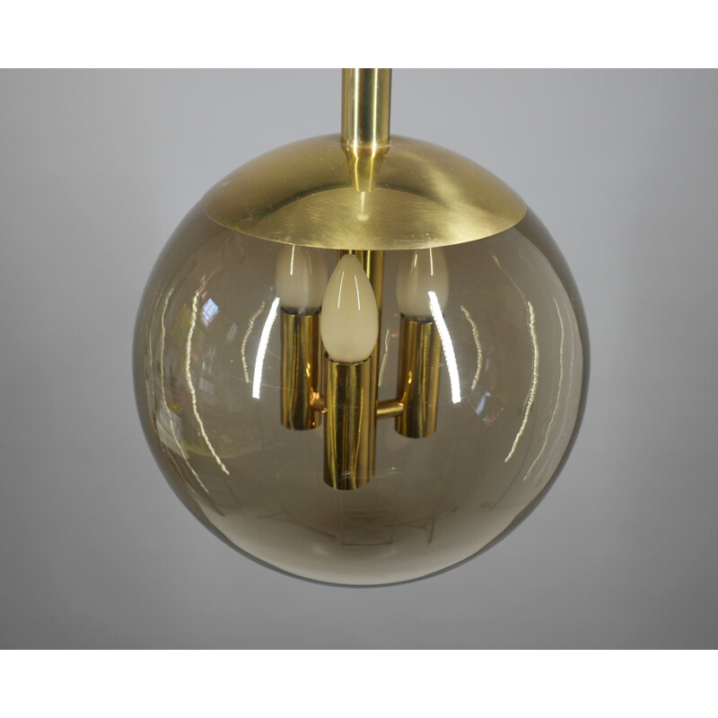 Vintage brass pendant lamp with smoked glass ball by Doria Leuchten, Germany 1960