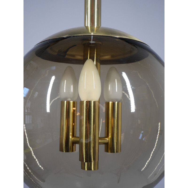 Vintage brass pendant lamp with smoked glass ball by Doria Leuchten, Germany 1960