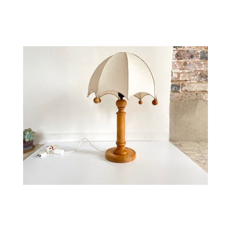 Lampe vintage en bois et abat-jour en tissu, 1970