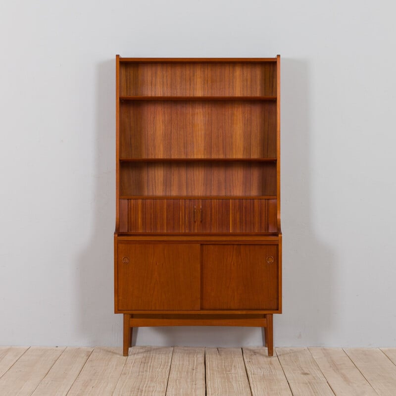 Danish teak vintage bookcase with secretaire and tambour doors by Johannes Sorth for Nexo, 1960s