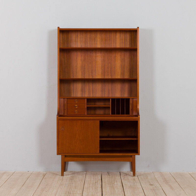 Danish teak vintage bookcase with secretaire and tambour doors by Johannes Sorth for Nexo, 1960s