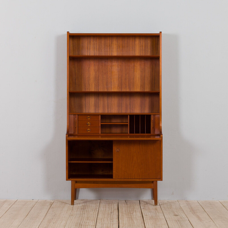 Danish teak vintage bookcase with secretaire and tambour doors by Johannes Sorth for Nexo, 1960s