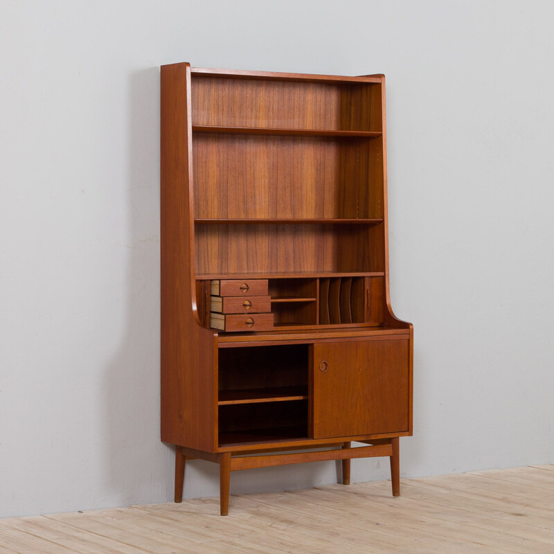 Danish teak vintage bookcase with secretaire and tambour doors by Johannes Sorth for Nexo, 1960s