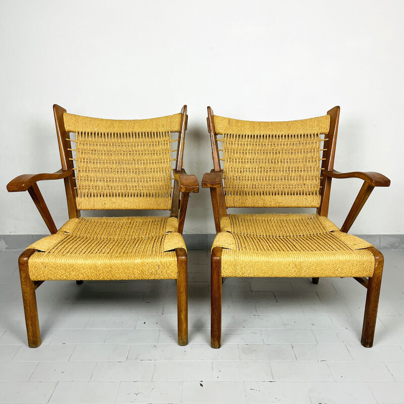 Pair of vintage rope patio armchairs, Italy 1970