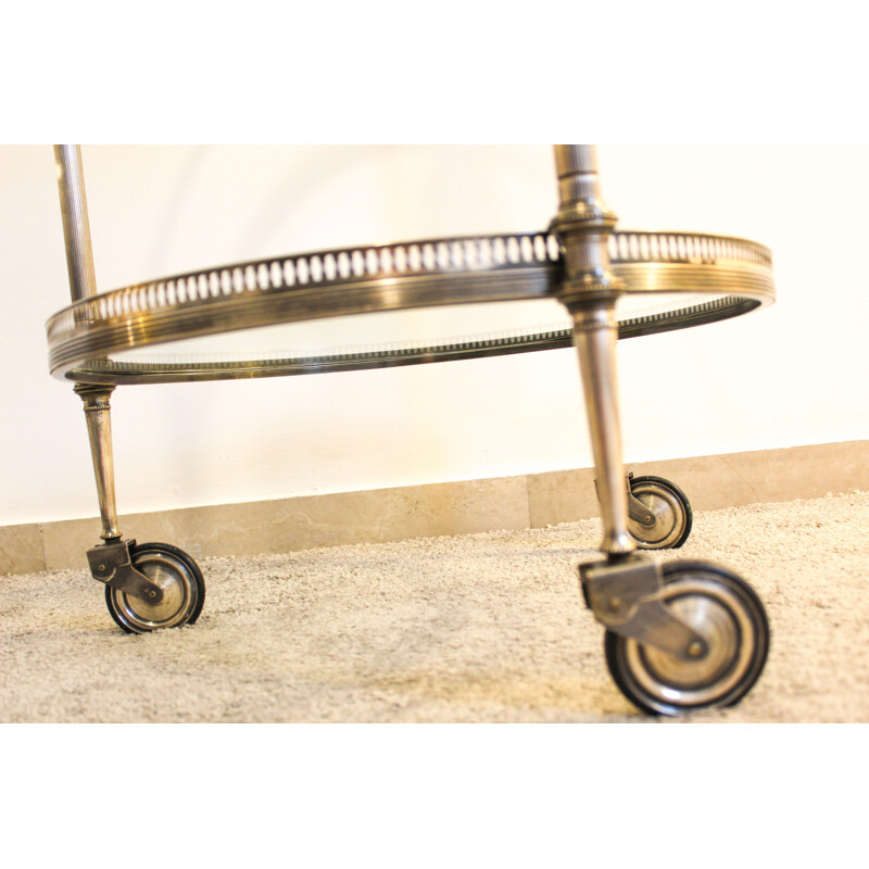 Vintage Art deco round bar trolley in metal brass and crystal, Italy 1940s
