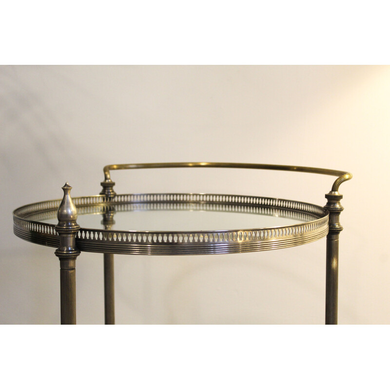 Vintage Art deco round bar trolley in metal brass and crystal, Italy 1940s