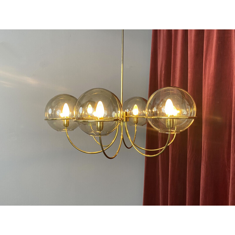 Vintage brass pendant lamp with 6 smoked glass globes, Italy 1960