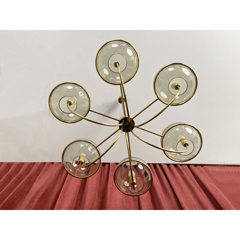 Vintage brass pendant lamp with 6 smoked glass globes, Italy 1960