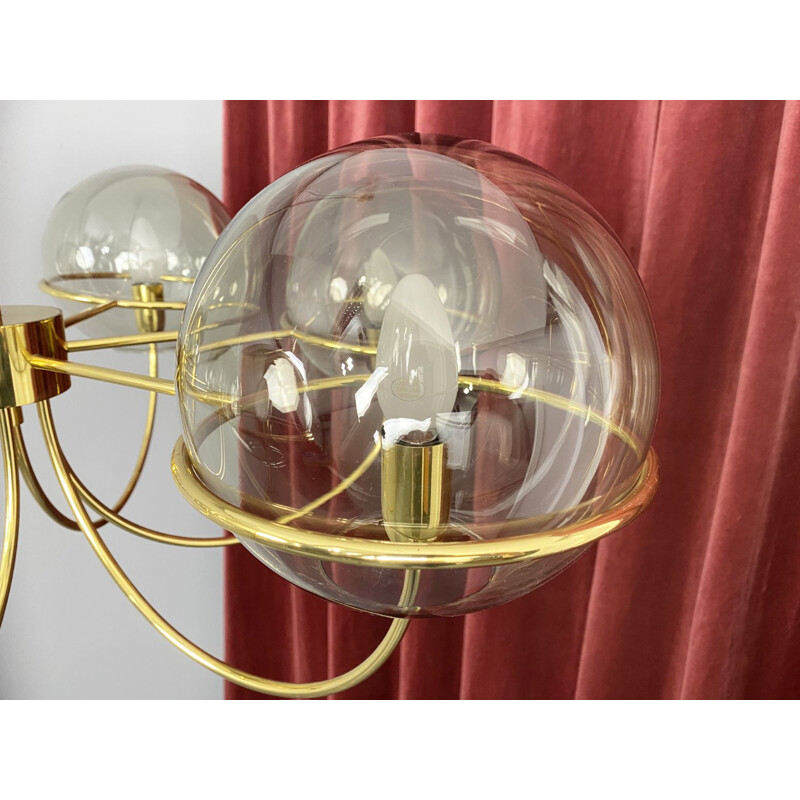 Vintage brass pendant lamp with 6 smoked glass globes, Italy 1960