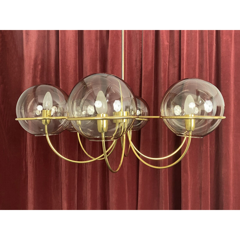 Vintage brass pendant lamp with 6 smoked glass globes, Italy 1960