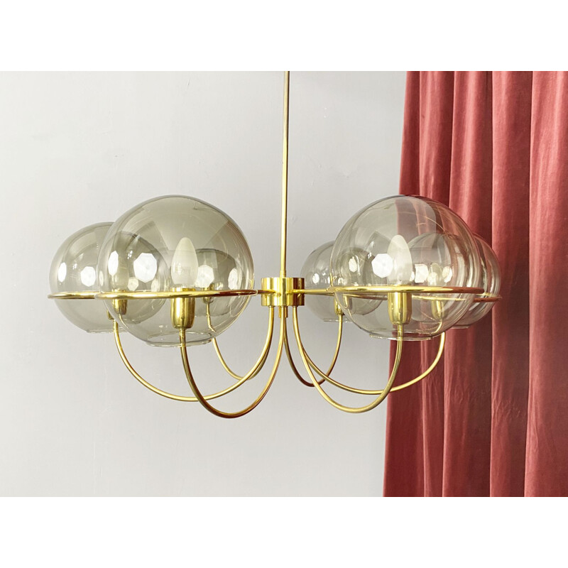 Vintage brass pendant lamp with 6 smoked glass globes, Italy 1960