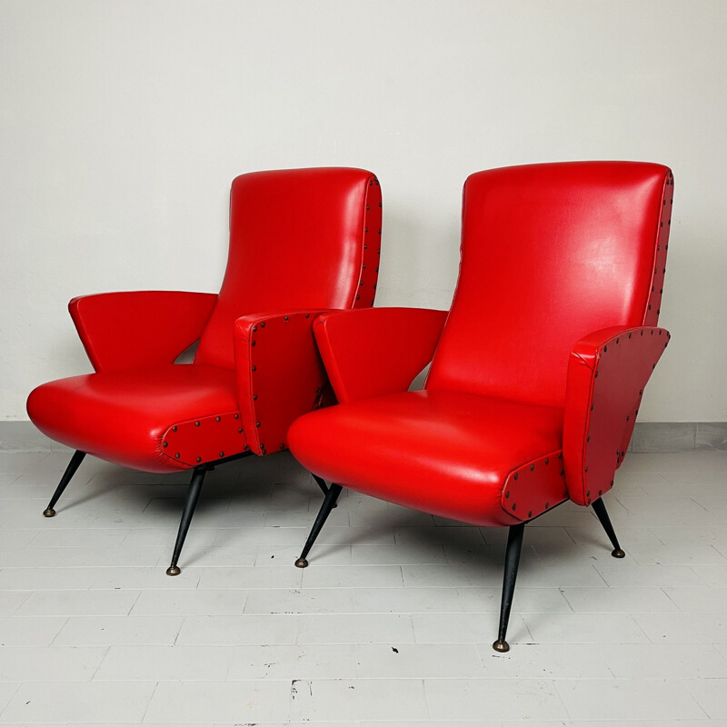 Pair of vintage red armchairs, Italy 1950s