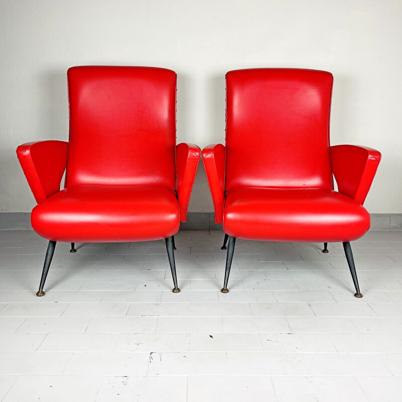 Paar rote Vintage-Sessel, Italien 1950