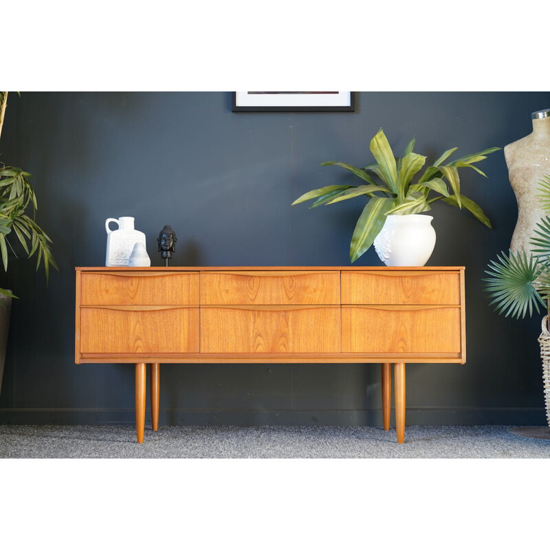Mid century teak sideboard with six short drawers