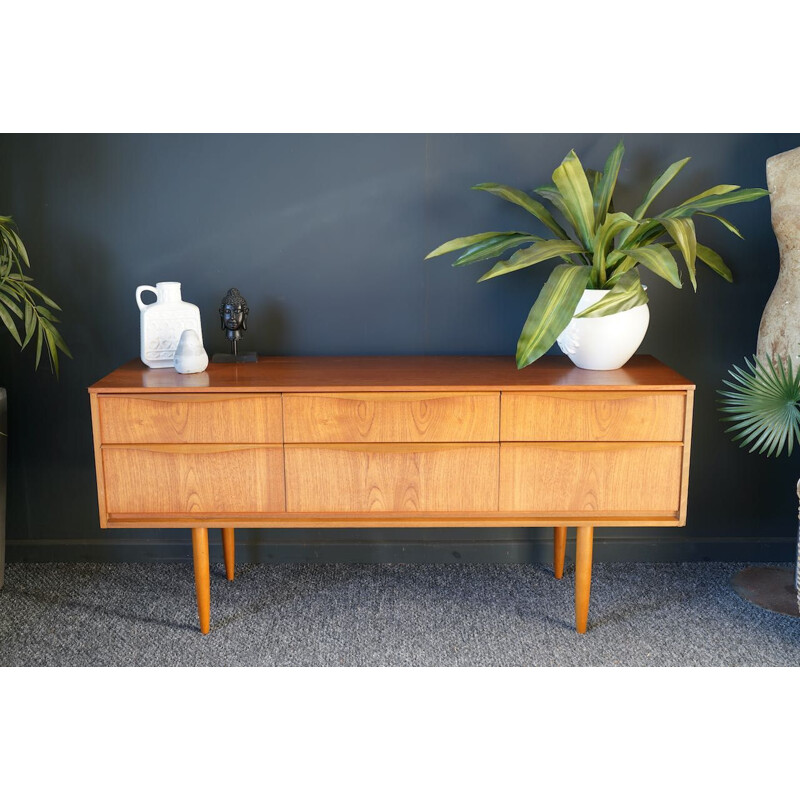 Mid century teak sideboard with six short drawers