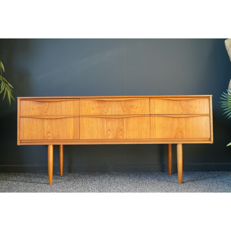 Mid century teak sideboard with six short drawers