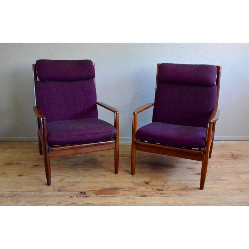 Pair of vintage armchairs in solid teak and fabric, Grete JALK - 1960s