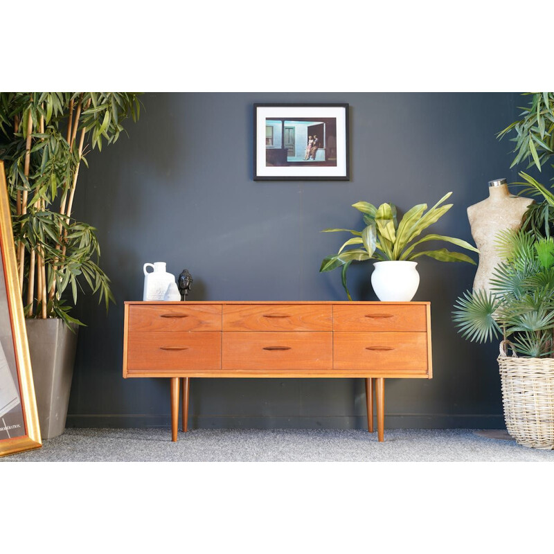 Mid century teak sideboard with six short drawers