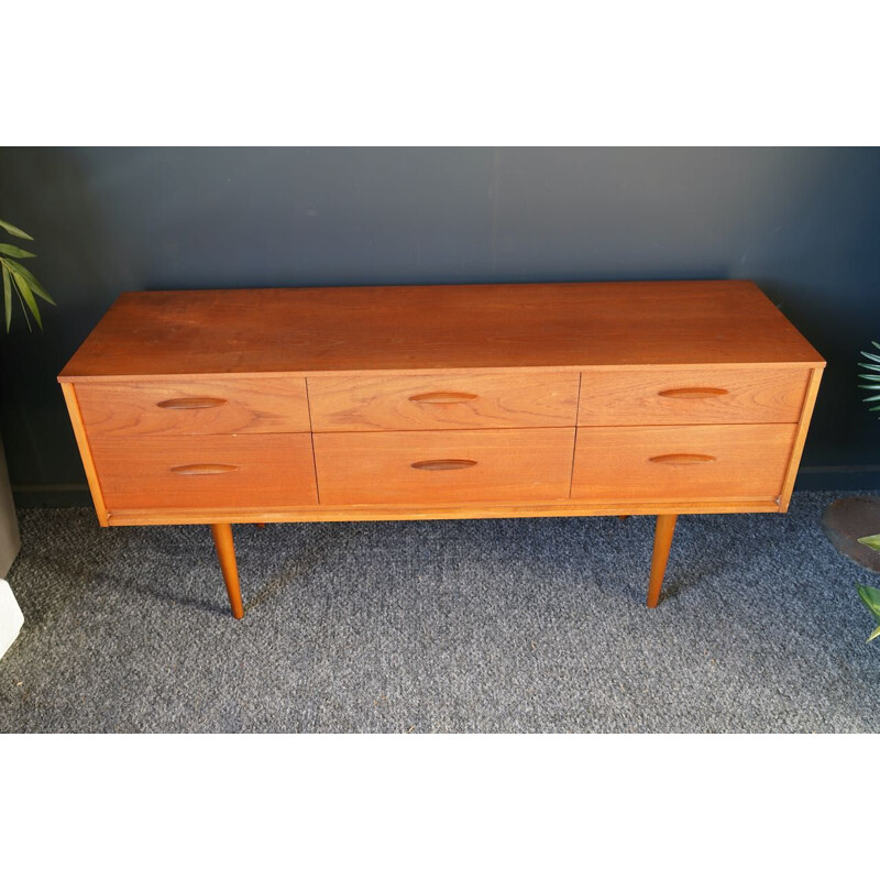 Mid century teak sideboard with six short drawers