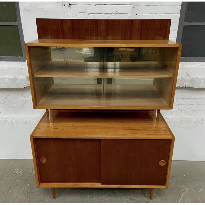 Vintage wood and glass highboard, Czech republic 1960s